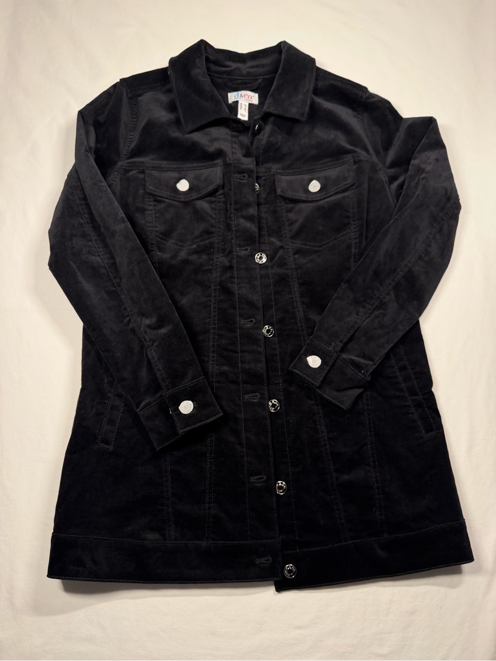 Denim & Co W XS Velvet Button-Front Long Jacket - Side and Front Pockets Black